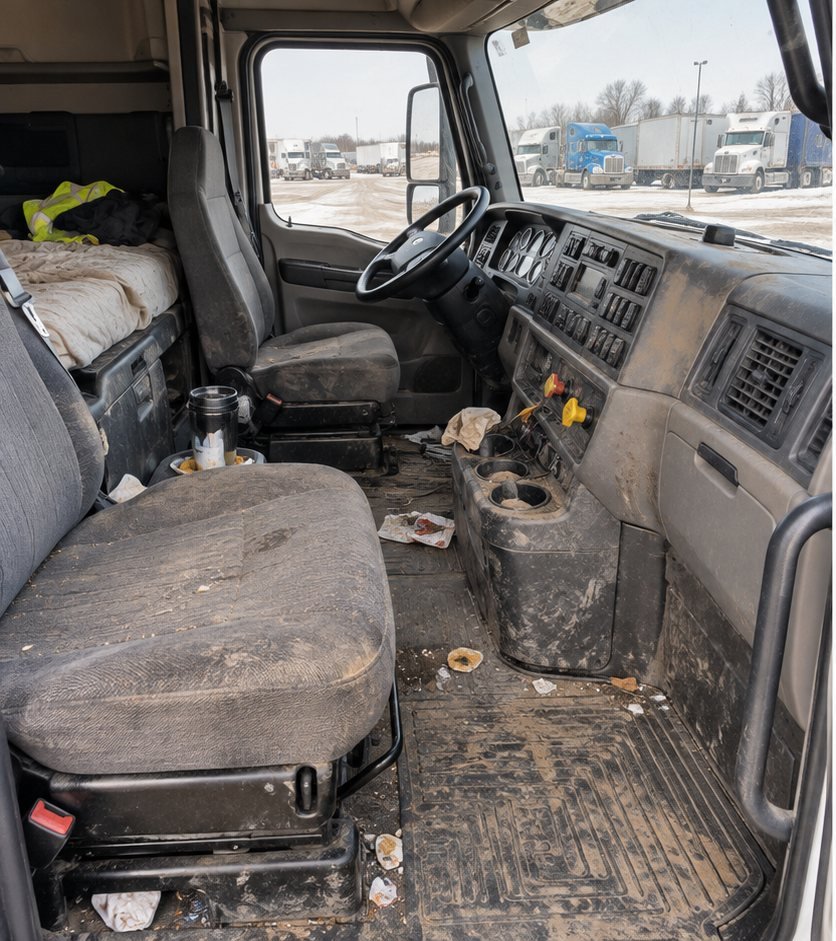 Semi-truck sleeper cab with a floor covered in dirt, wrappers and loose debris