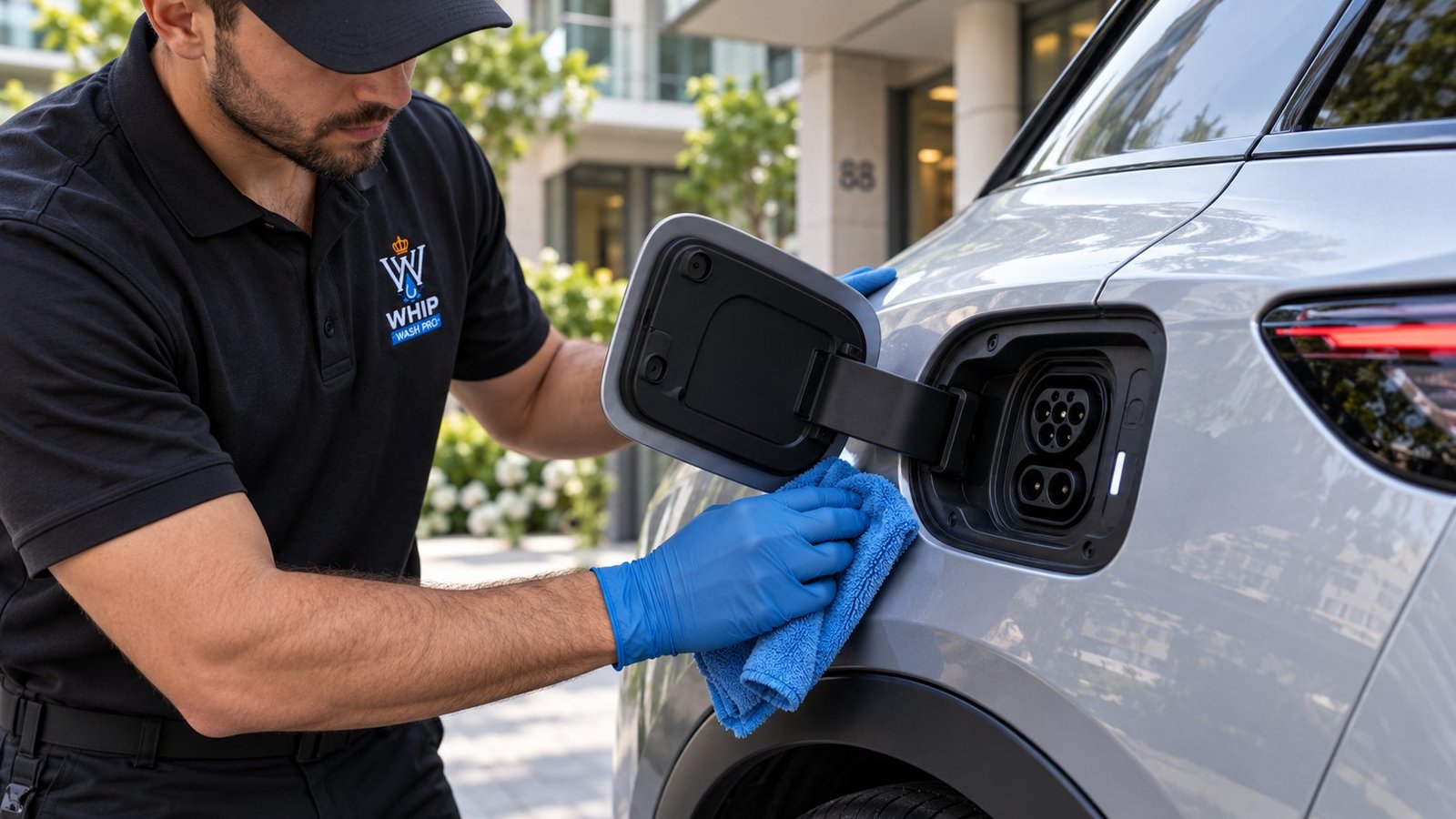 WhipWashPro technician wearing gloves carefully wiping the charge port area of a silver electric SUV