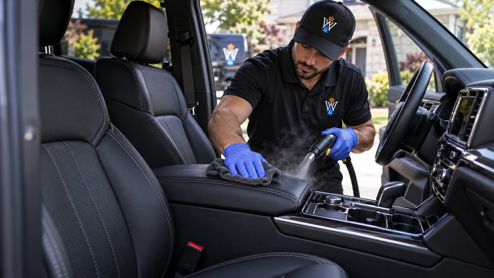WhipWashPro technician steam-cleaning the leather console and seats inside a truck cabin with the branded van visible outside