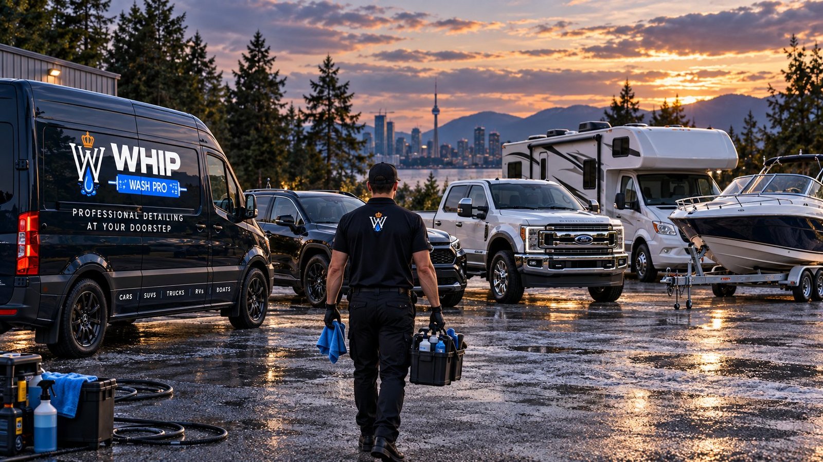 WhipWashPro technician walking toward a lineup of a branded van, SUV, pickup truck, RV, and boat with the Toronto skyline at sunset