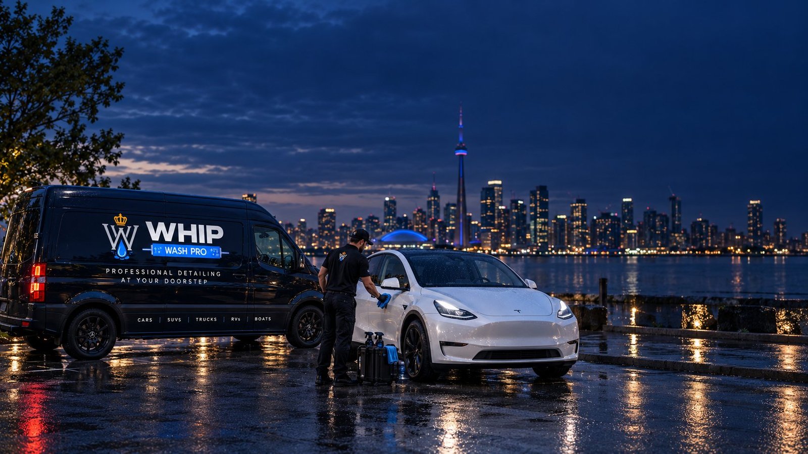 WhipWashPro technician detailing a white Tesla beside the branded van with the Toronto skyline and CN Tower across the water at dusk
