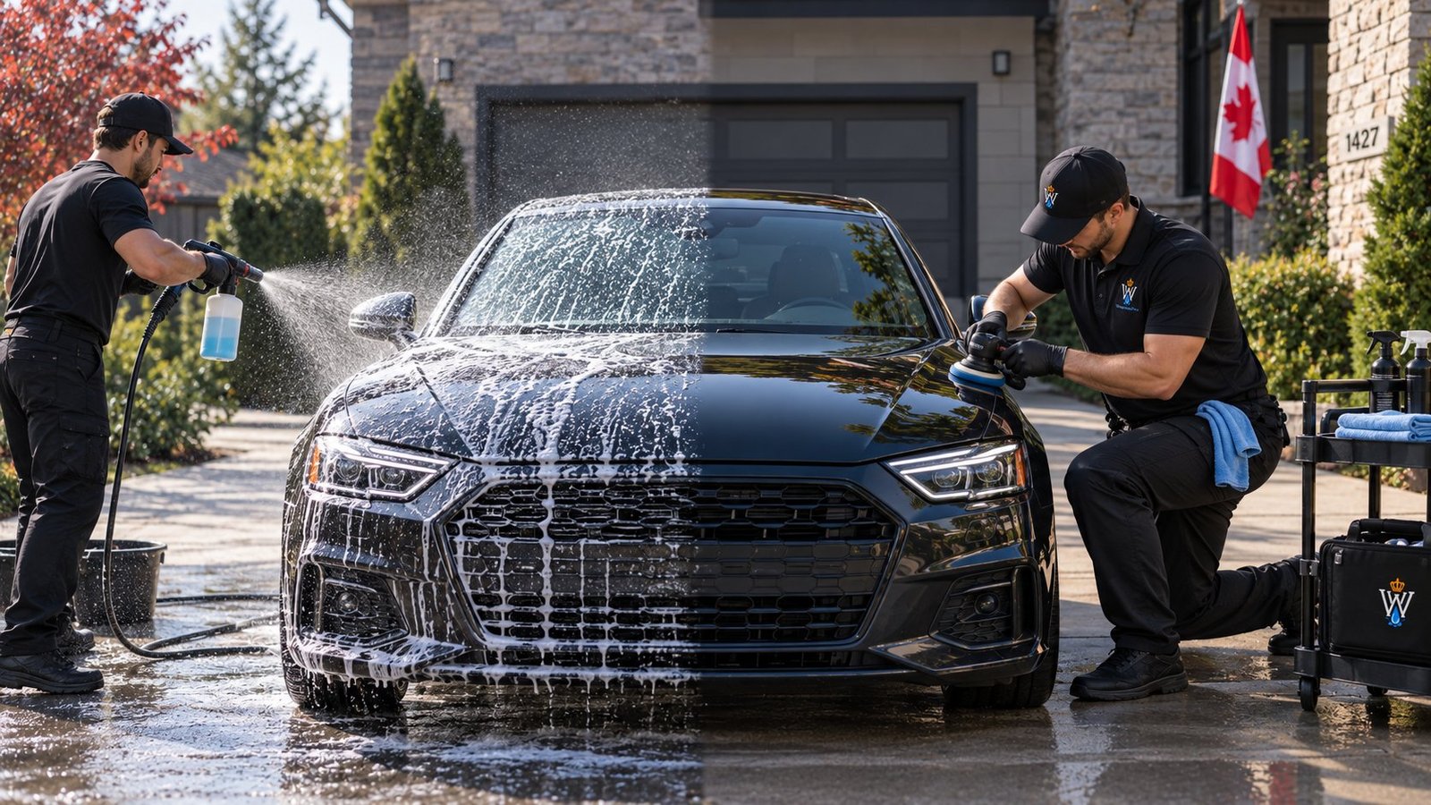 Split comparison of one technician rinsing a car with soap on the left and another technician polishing the same car to a full shine on the right