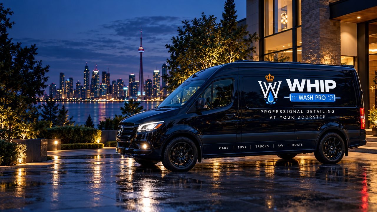 Branded WhipWashPro mobile detailing van parked at a Toronto luxury home at night, with the CN Tower skyline behind