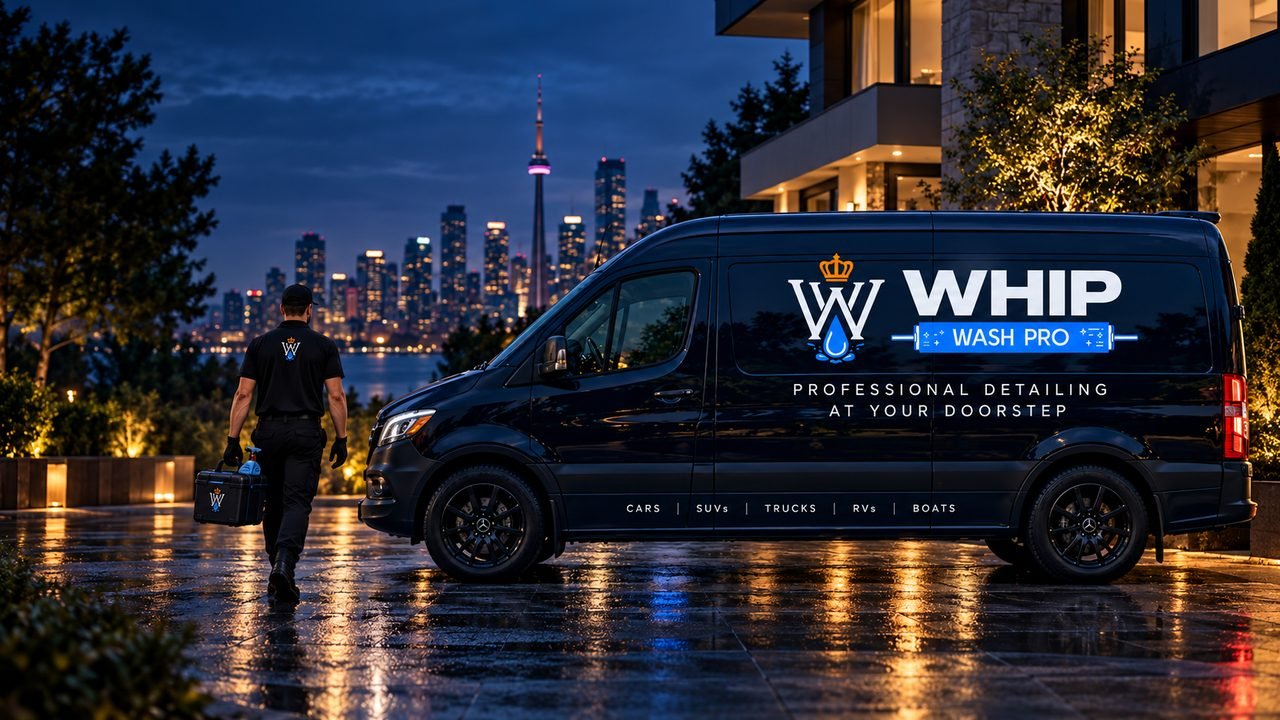 WhipWashPro technician carrying an equipment case toward the branded van