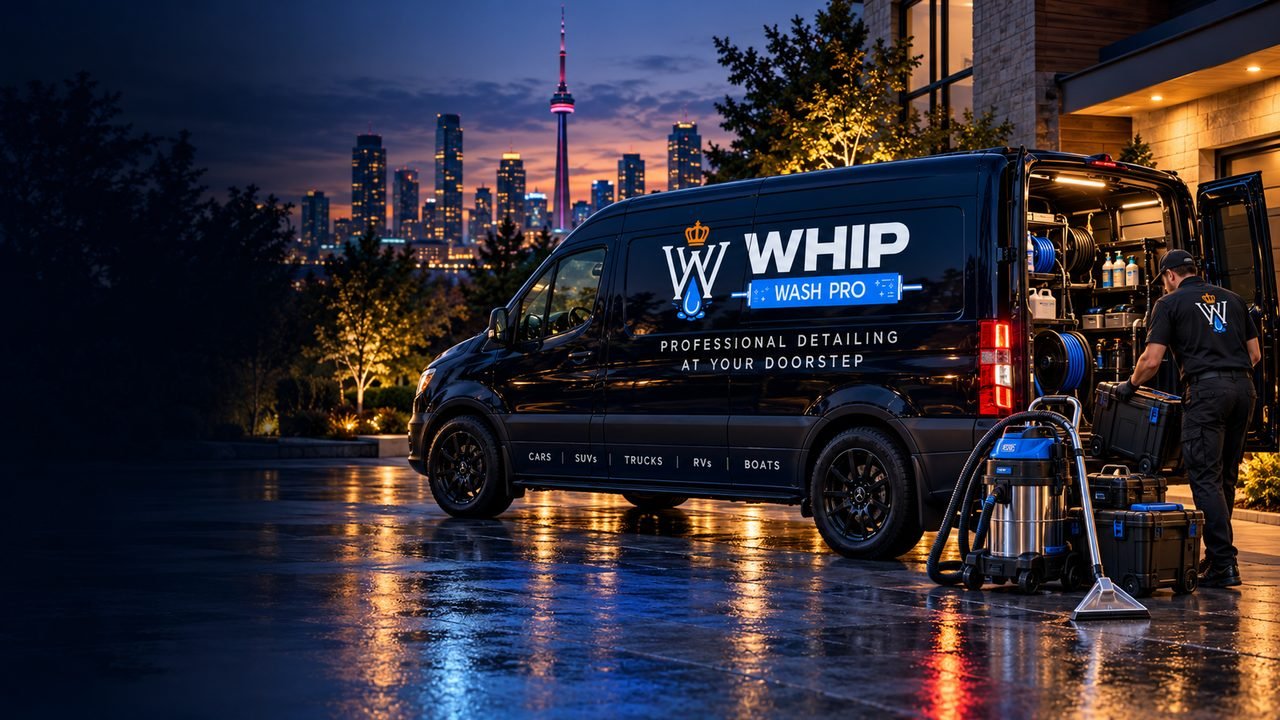 WhipWashPro van with its rear doors open, showing detailing equipment while a technician unloads gear