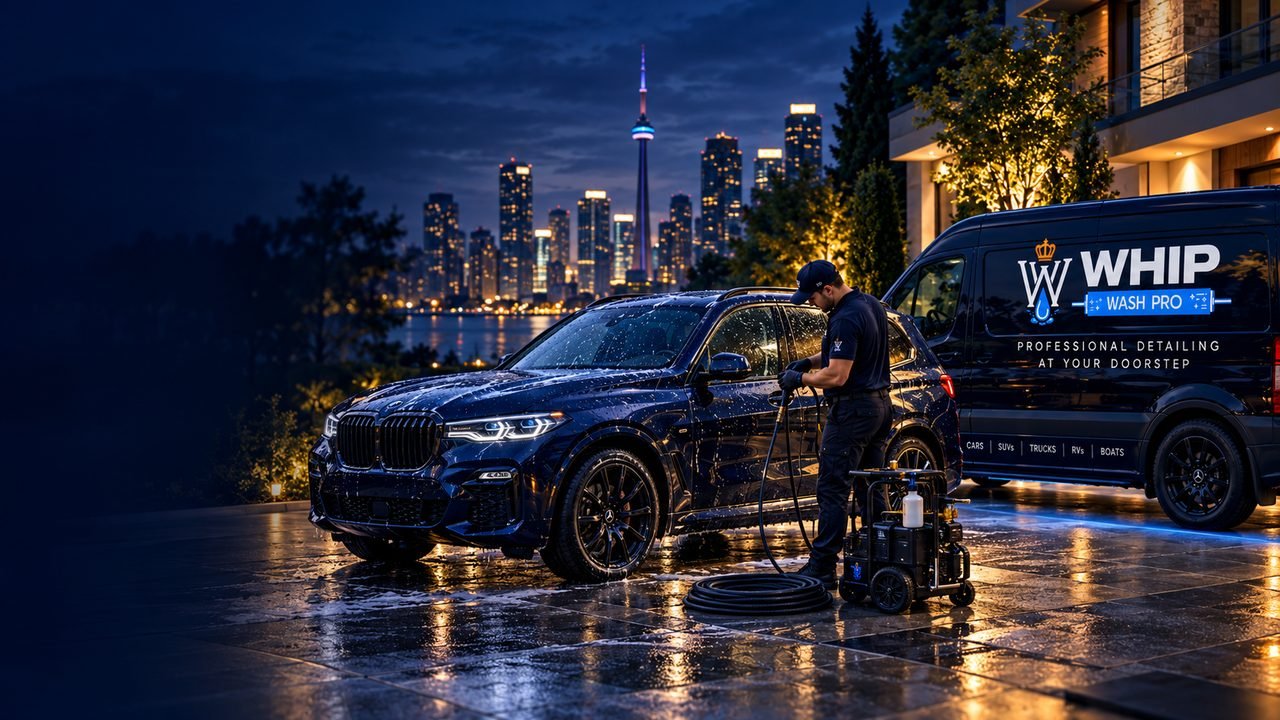 WhipWashPro technician preparing to detail a dark-blue SUV parked beside the branded van